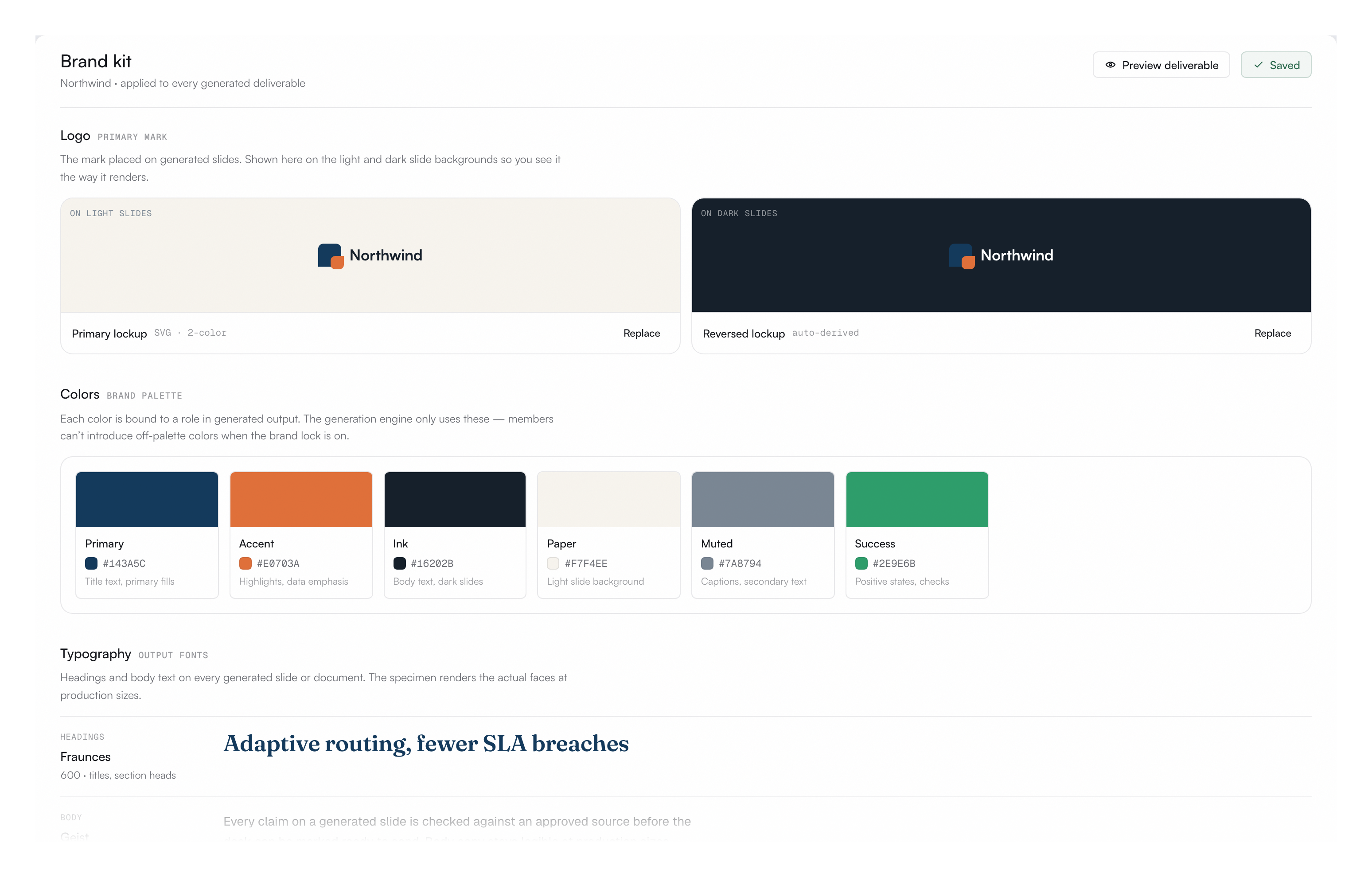 Brand kit: the palette, marks and claim rules that every generated deliverable inherits.