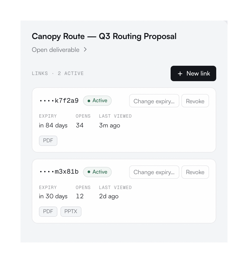 A shared buyer link with its expiry, download and access controls.